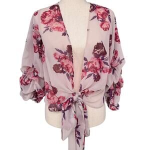 Live 4 Truth Floral Tie Front Kimono Crop Top Boho Puff Sleeve Cardigan XS NWT